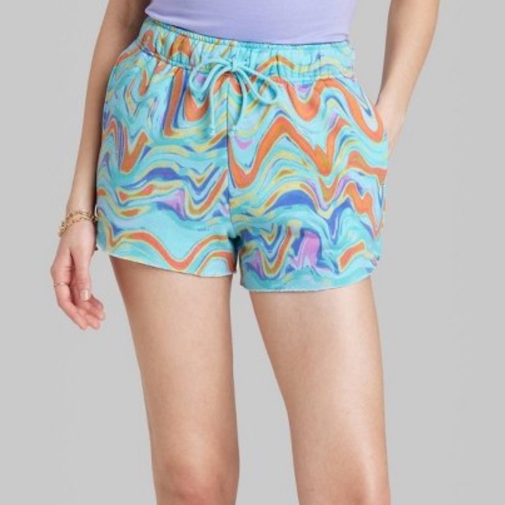 Wild Fable Aqua Blue Swirl High Waisted Fleece Shorts, Size Medium